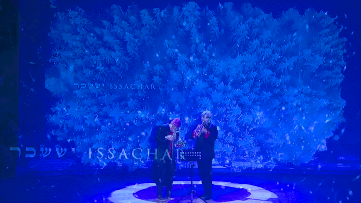 Live projection of snowfall on the concert soloists.