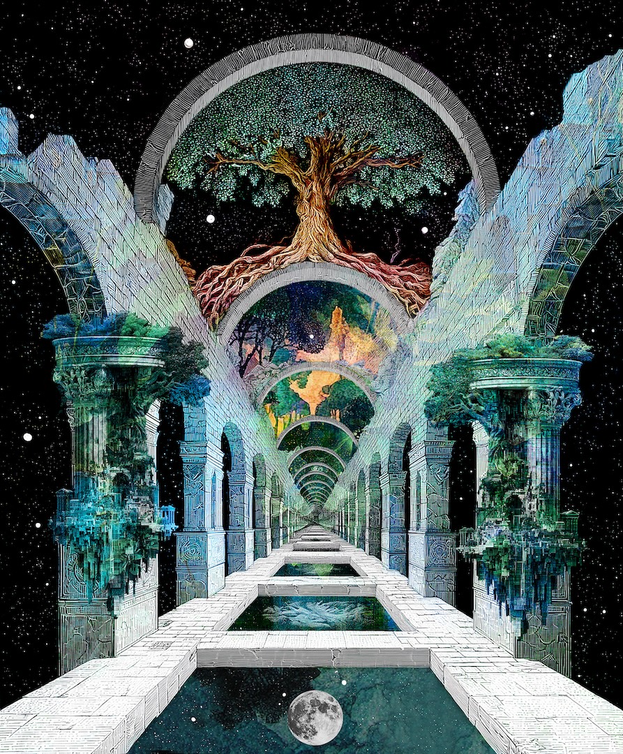 A portal covered in trees.