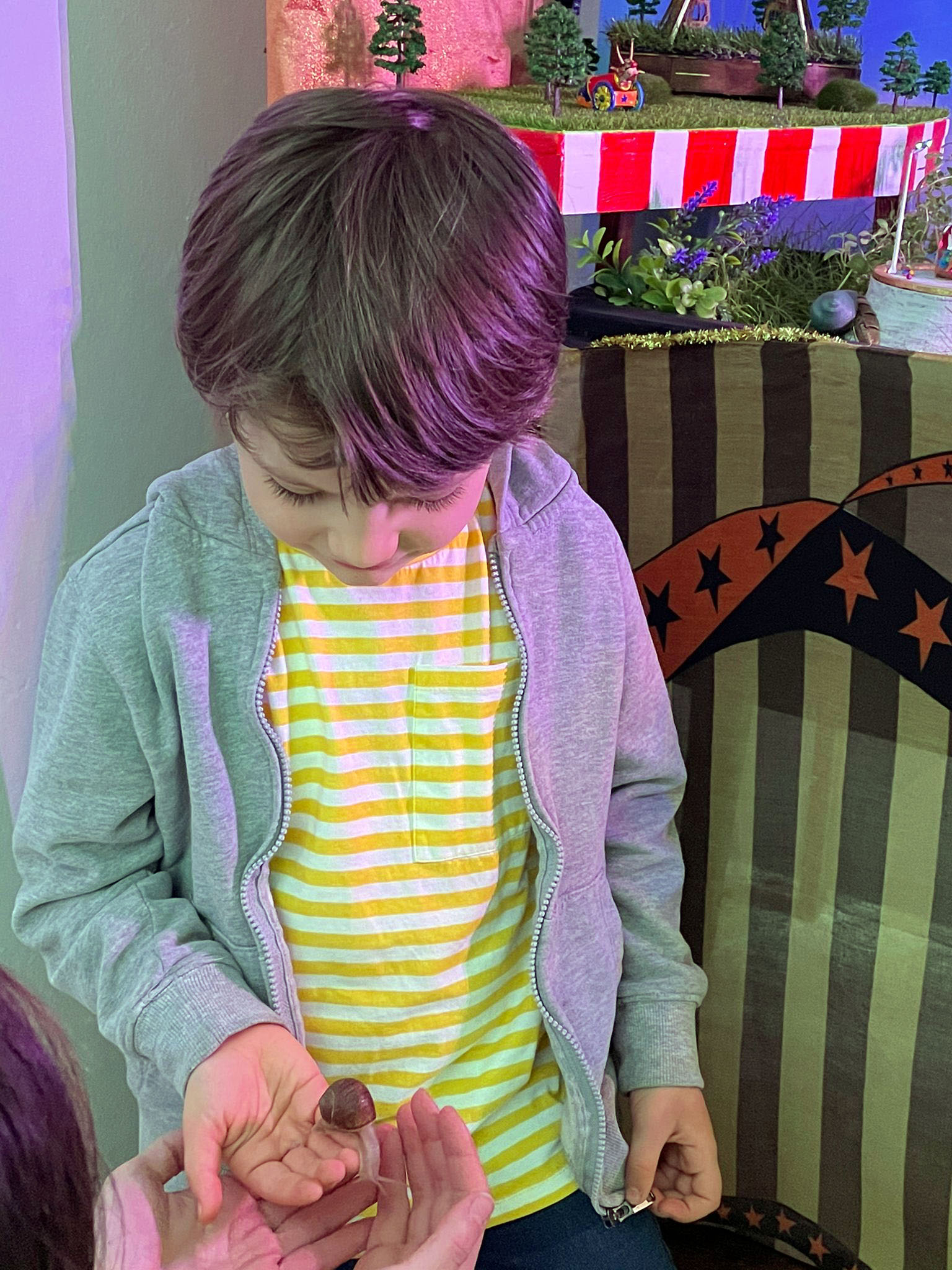 A child in a striped shirt leaning in to meet the snails at the petting zoo